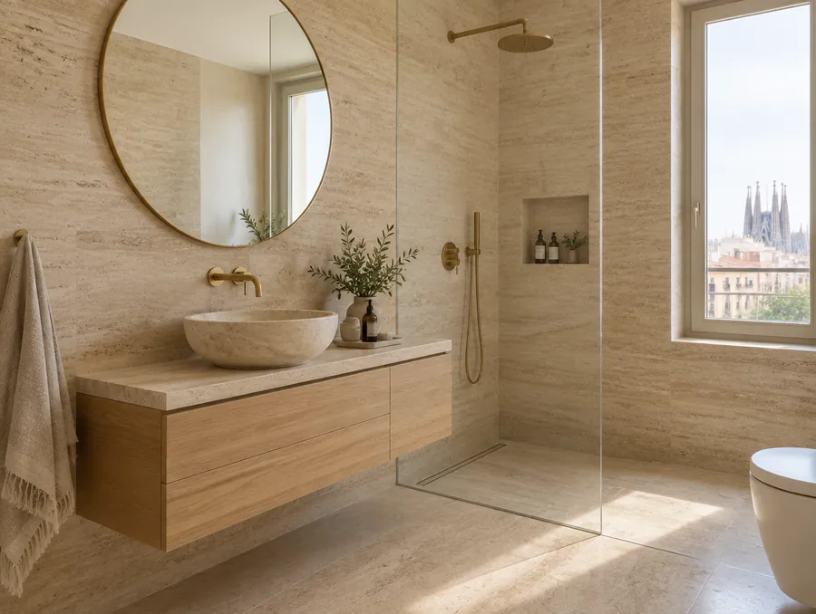 Baño de inspiración con piedra natural, roble y grifería en latón
