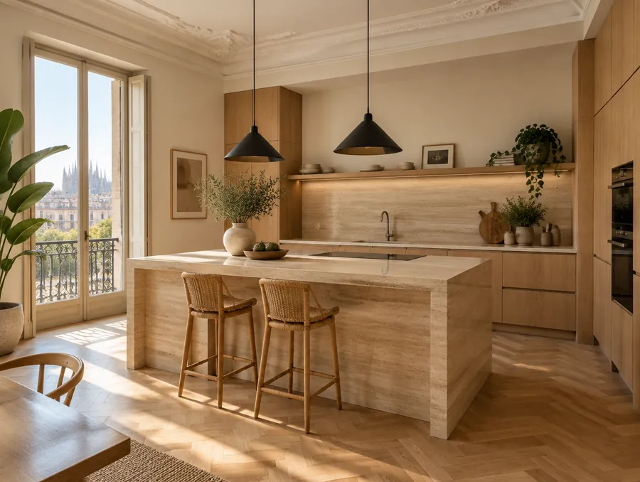 Cocina de inspiración con isla de travertino y madera de roble