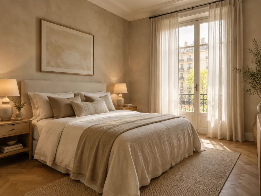 Dormitorio de inspiración con ropa de cama de lino