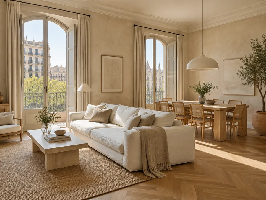 Salón comedor de inspiración con balcones y suelo de espiga